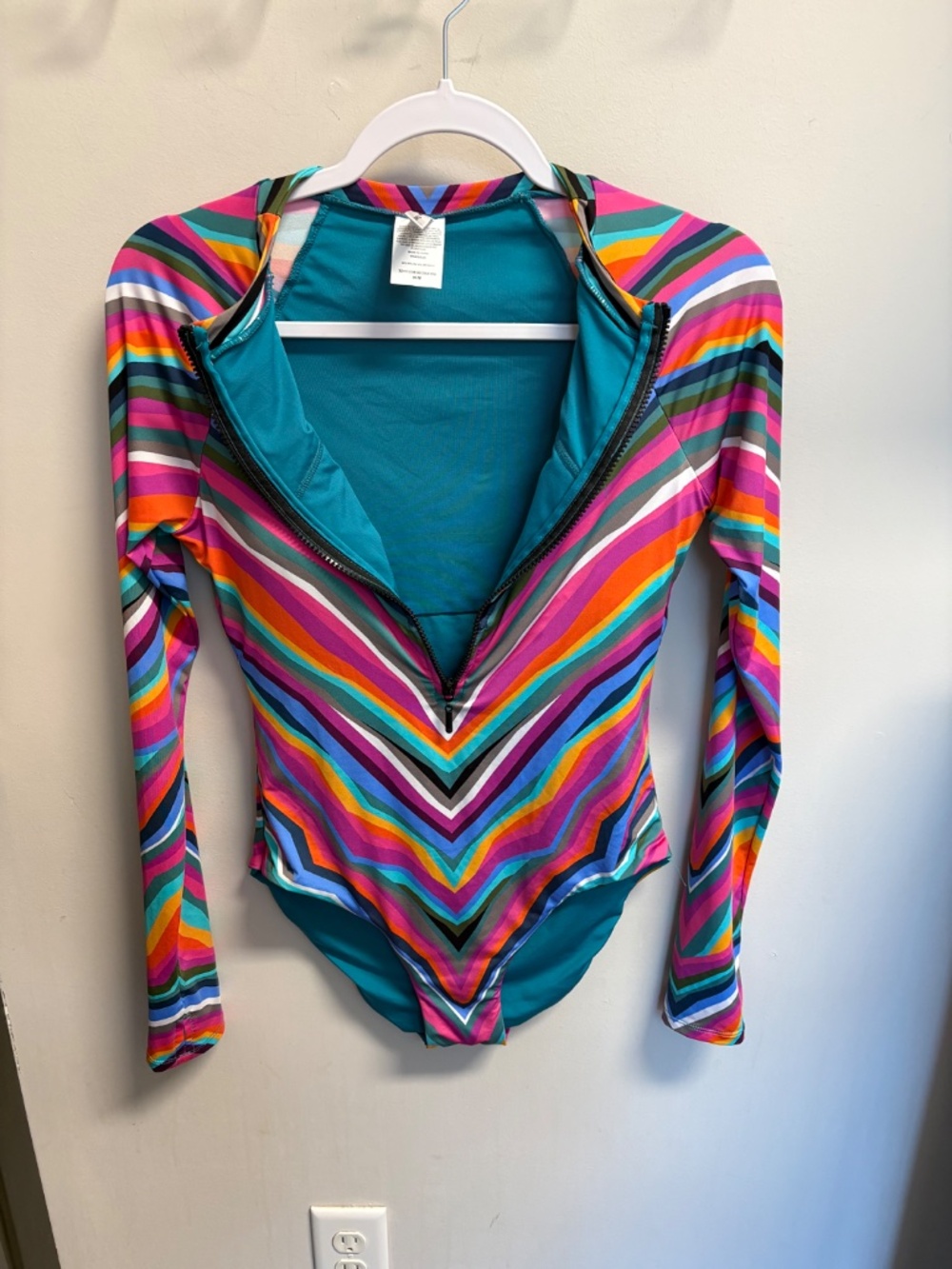 Trina Turk Louvre Printed Long Sleeve Swimsuit Pink Teal Crew Neck Medium - Picture 7 of 8